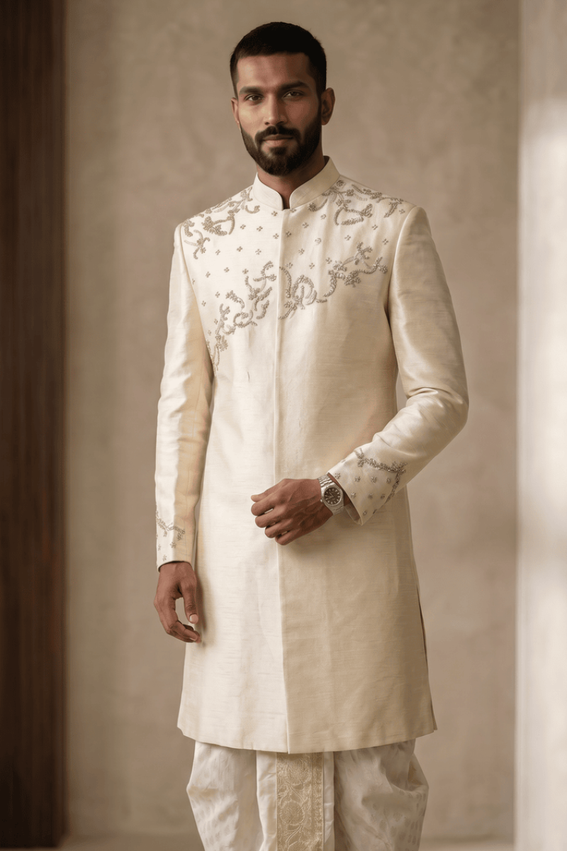 cream embroidered sherwani set